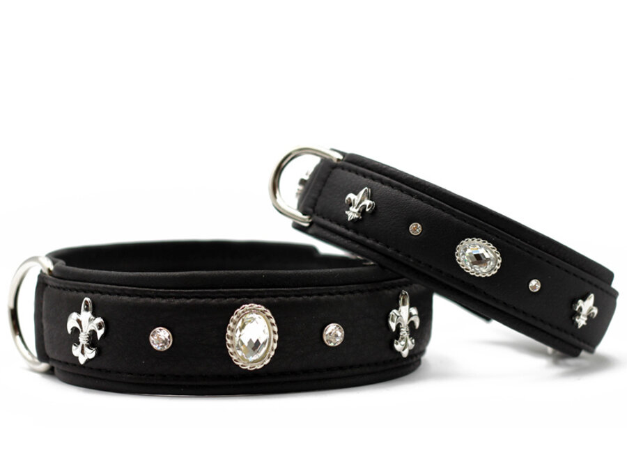 Luxe zwarte leren hondenhalsband Diamond met zilverkleurige details, zacht nappaleer, verstevigde nylon kern en comfortabele voering, 65 cm, 45 mm
