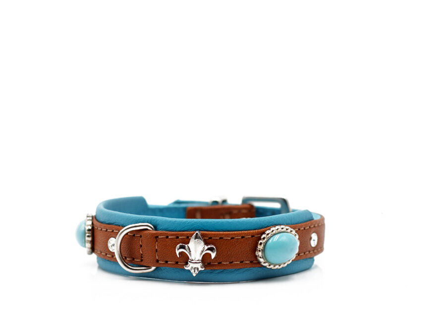 Leren hondenhalsband Ibiza Mini in cognac en petrol met zilveren details, zachte voering en verstevigde nylon kern, 33 cm, 18 mm