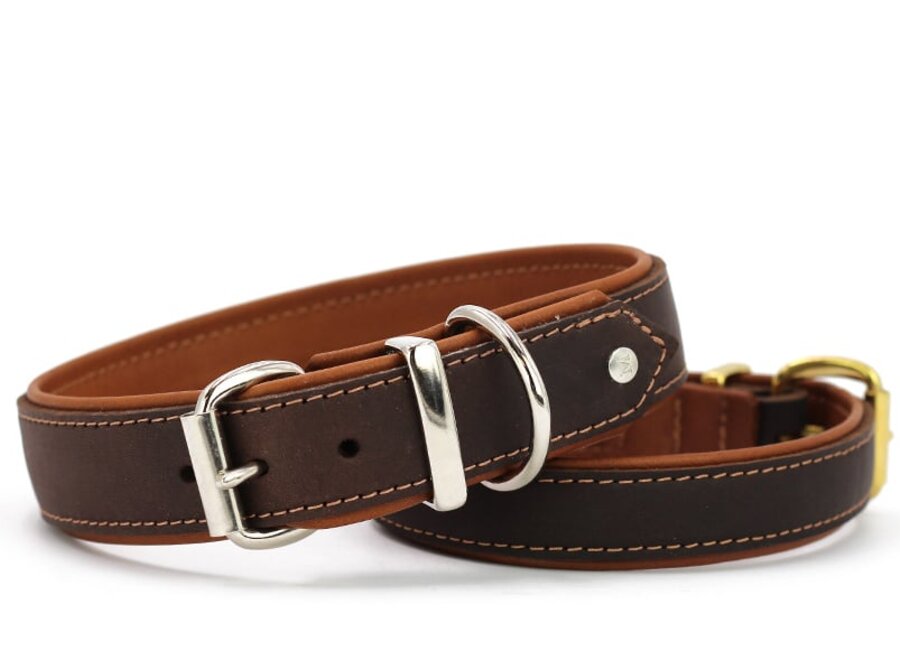 Premium Mini leren hondenhalsband bruin en cognac met zilveren details, volnerf rundleer, zachte nappaleren voering en nylon kern, 30 cm, 18 mm