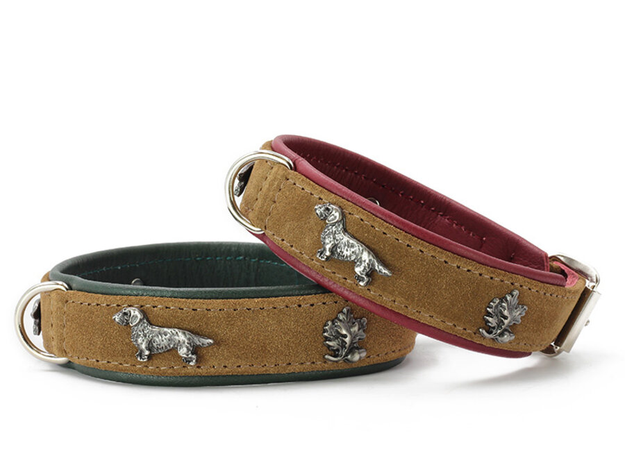 Halsband teckel suèdeleer 35, 40, 45cm / 24mm Cognac / groen / zilver