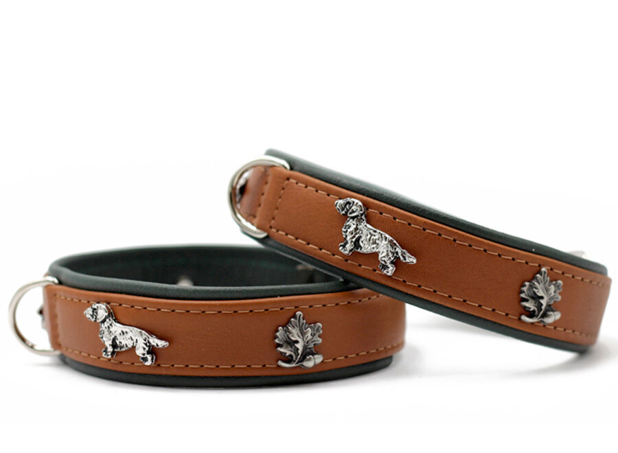 Halsband teckel 35, 40, 45cm / 24mm Cognac / groen / zilver