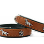 Exclusieve leren hondenhalsband met teckel en eikenblad applicaties, cognac/groen met zilveren details, zacht nappaleer, 35-45 cm, 24 mm