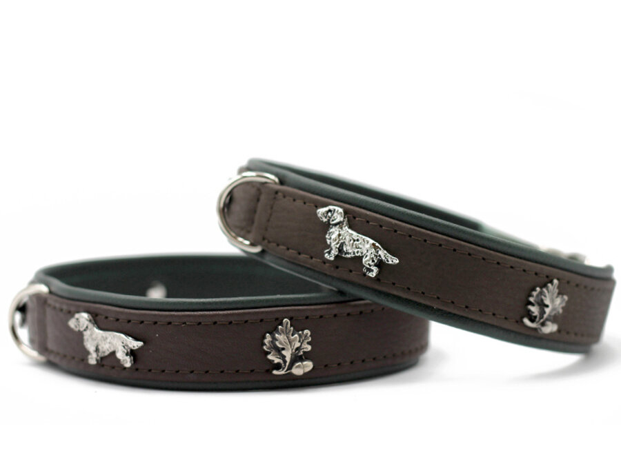 Halsband teckel 35, 40, 45cm / 24mm donkerbruin / groen / zilver