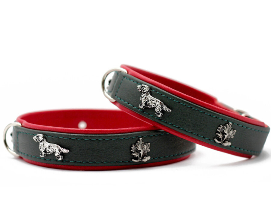 Halsband teckel 35, 40, 45cm / 24mm groen / rood / zilver