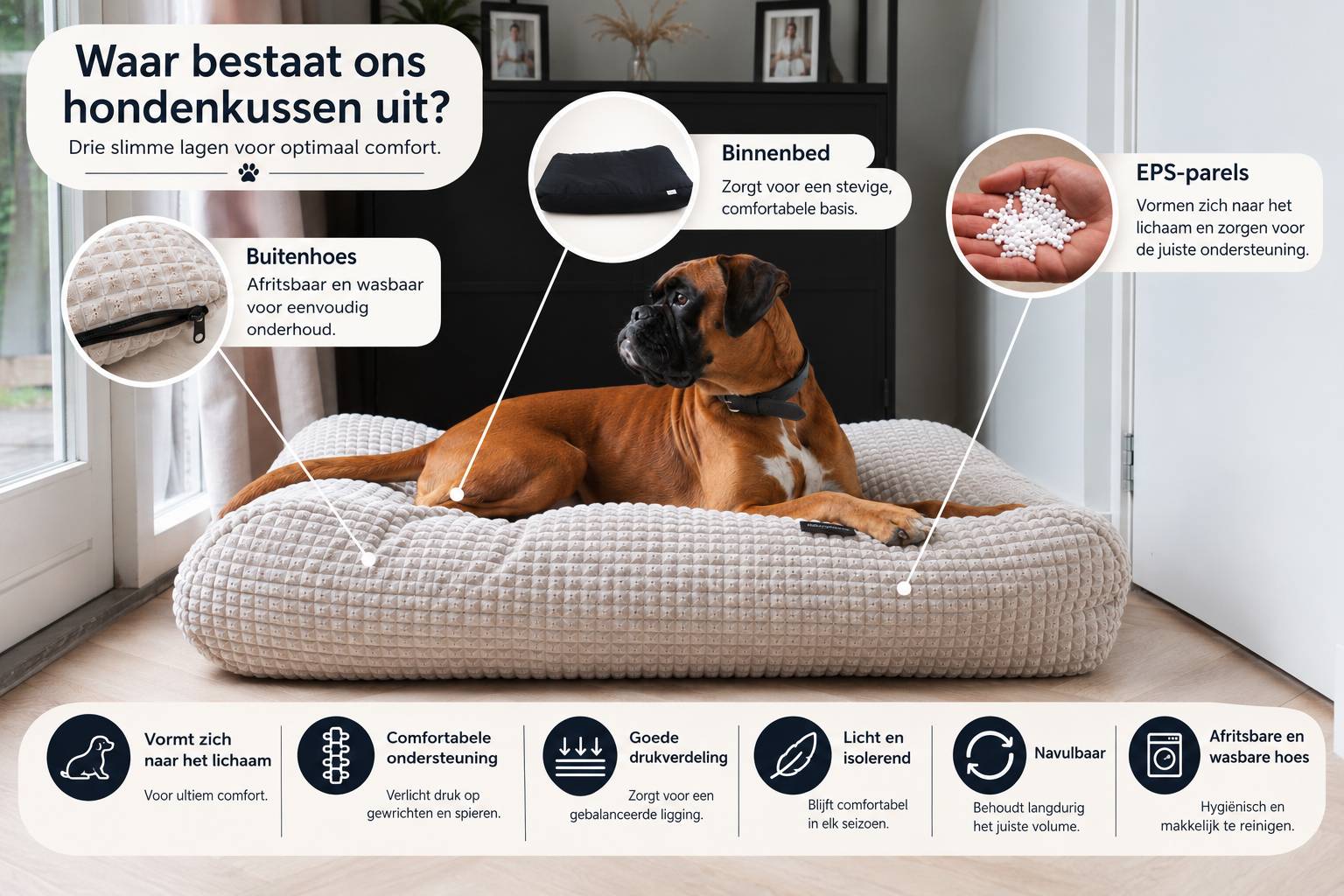 Comfortabel hondenkussen met wasbare hoes