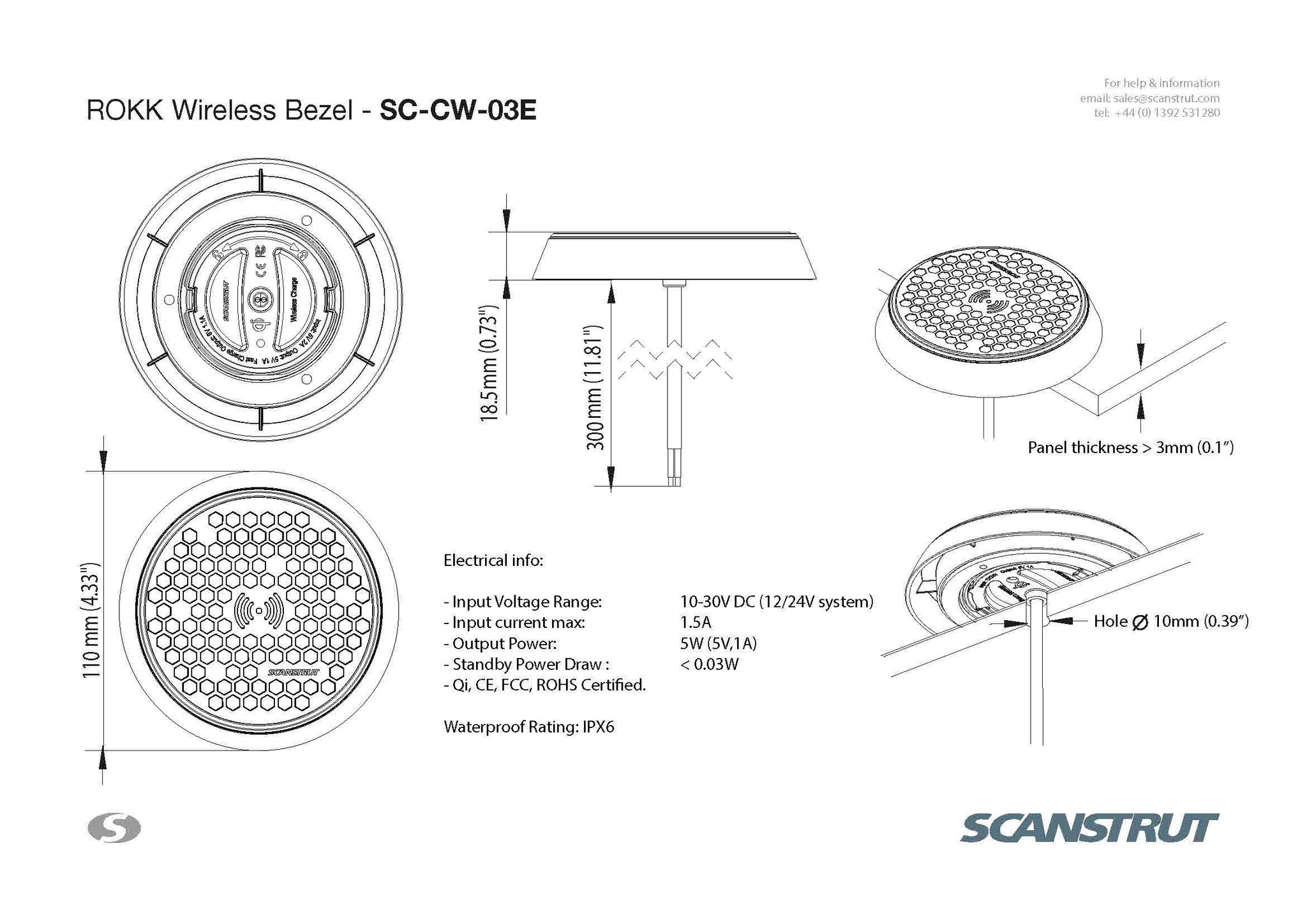 Scanstrut Draadloze telefoonlader opbouw (12/24v)