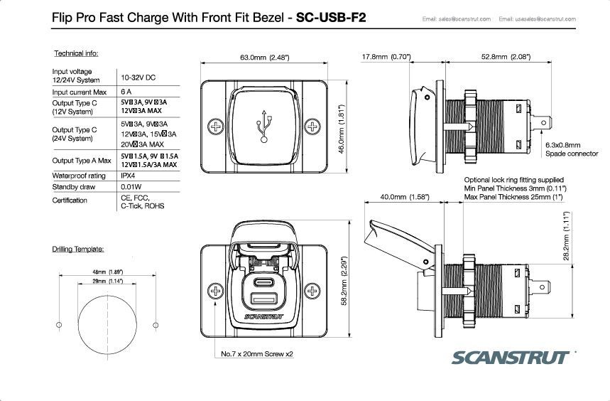 Scanstrut Flip Pro snellader waterdicht IPX4 USB-A en USB-C aansluiting 12 - 24 V met montageplaat
