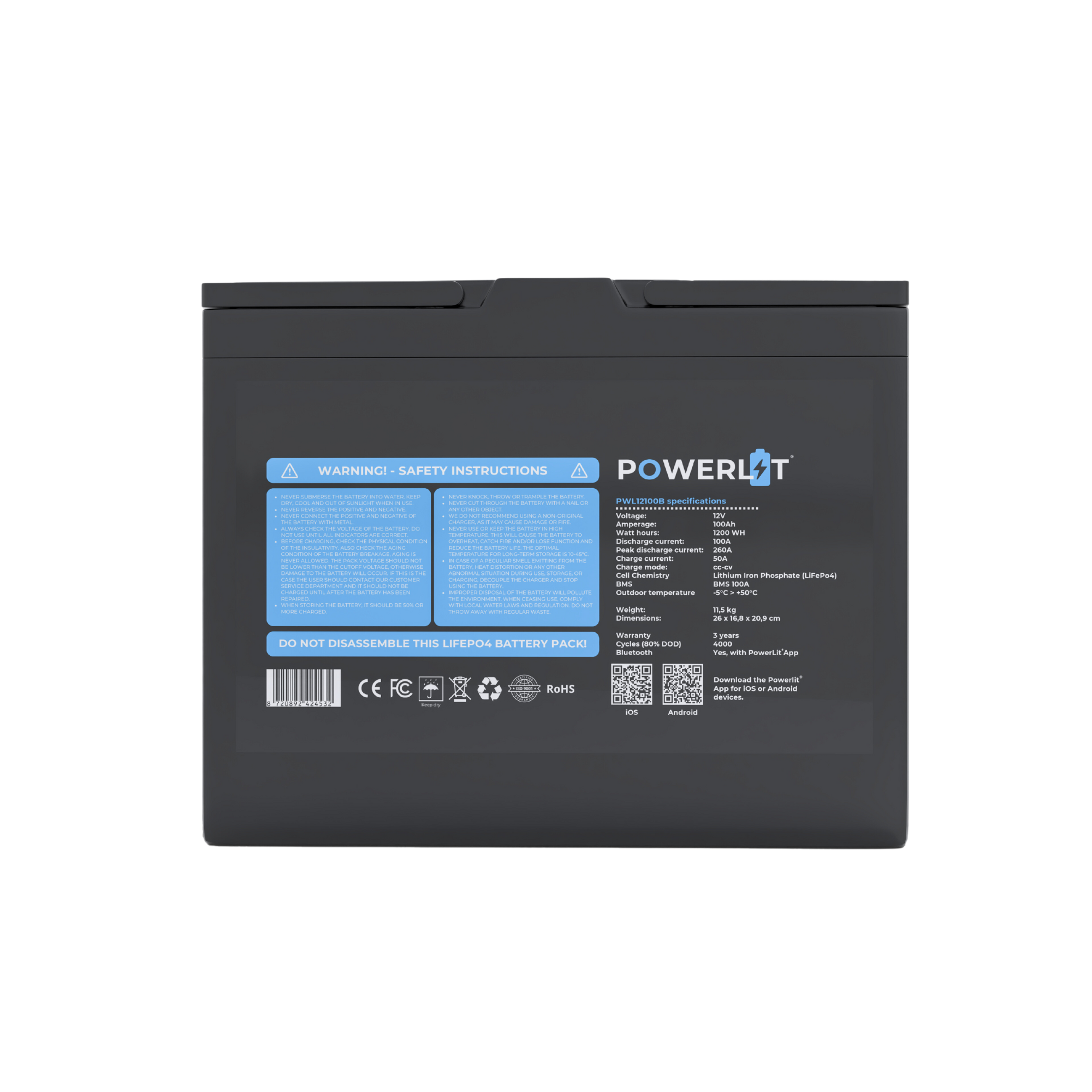 Powerlit 12V 100Ah LiFePO4 accu met uitleesmodule, foto 4 van 6