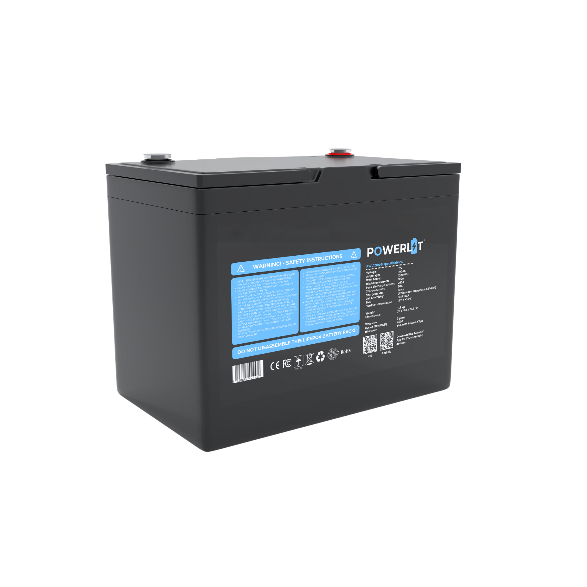 Powerlit 12V 100Ah LiFePO4 accu met uitleesmodule