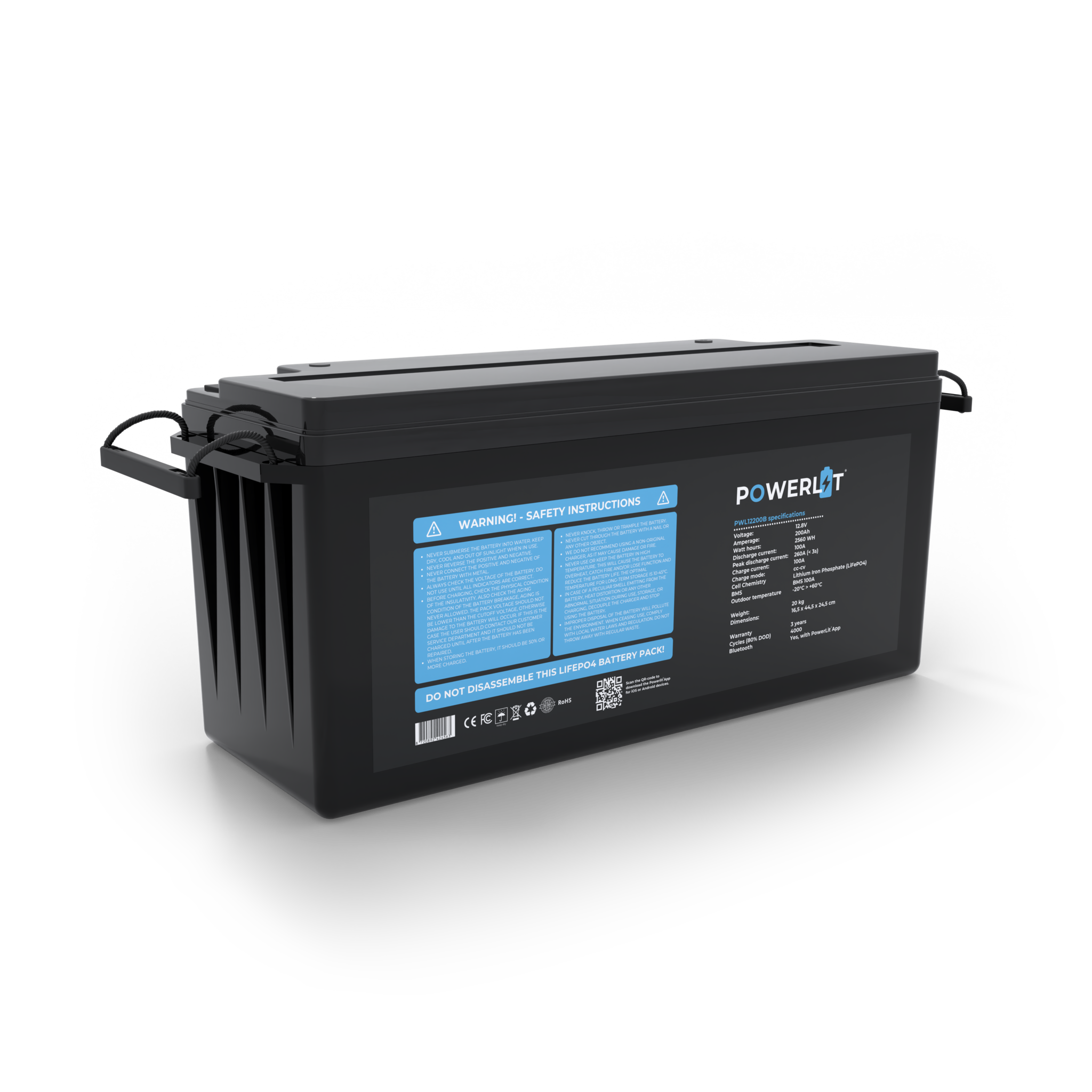 Powerlit 12V 200Ah LiFePO4 accu met uitleesmodule