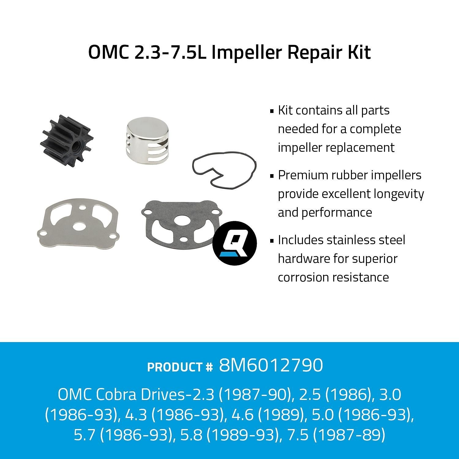 Quicksilver º 8M6012790 Impeller service kit voor OMC 2.3-7.5L