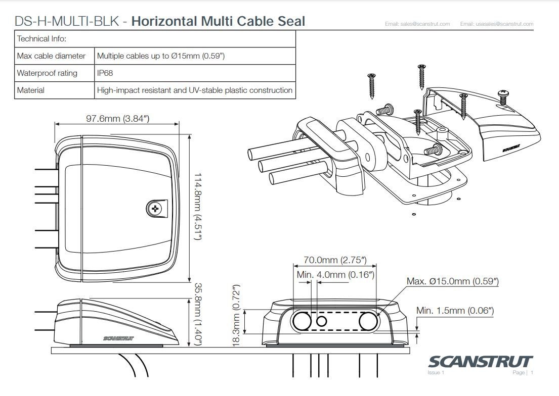 Scanstrut Dekdoorvoer horizontaal voor meerdere kabels tot 15 mm zwart