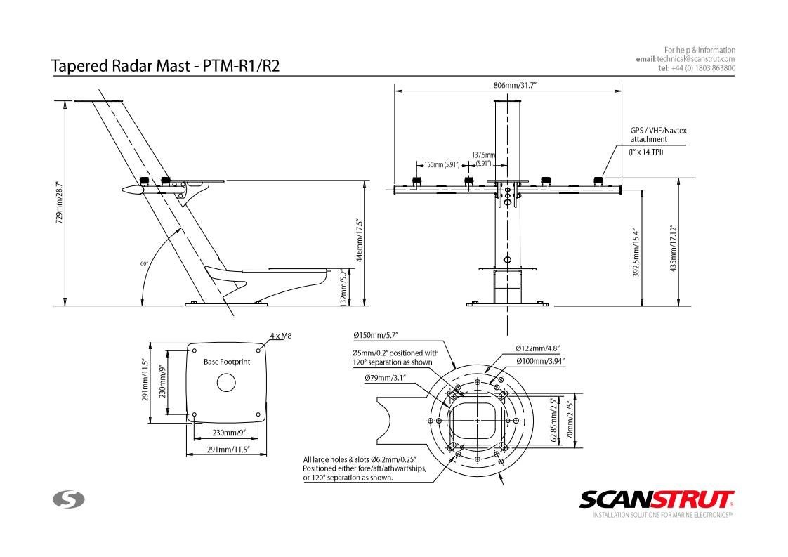 Scanstrut Mast conisch voor radar domes, verlichting, camera en GPS/VHF antenne