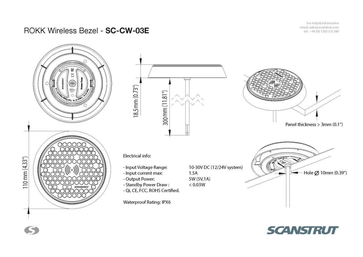 Scanstrut ROKK oplader draadloos en waterdicht opbouw 17 mm (12/24V)