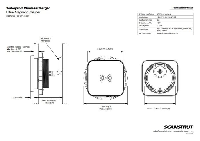 Scanstrut Ultra oplader draadloos magnetisch 15W 12/24V