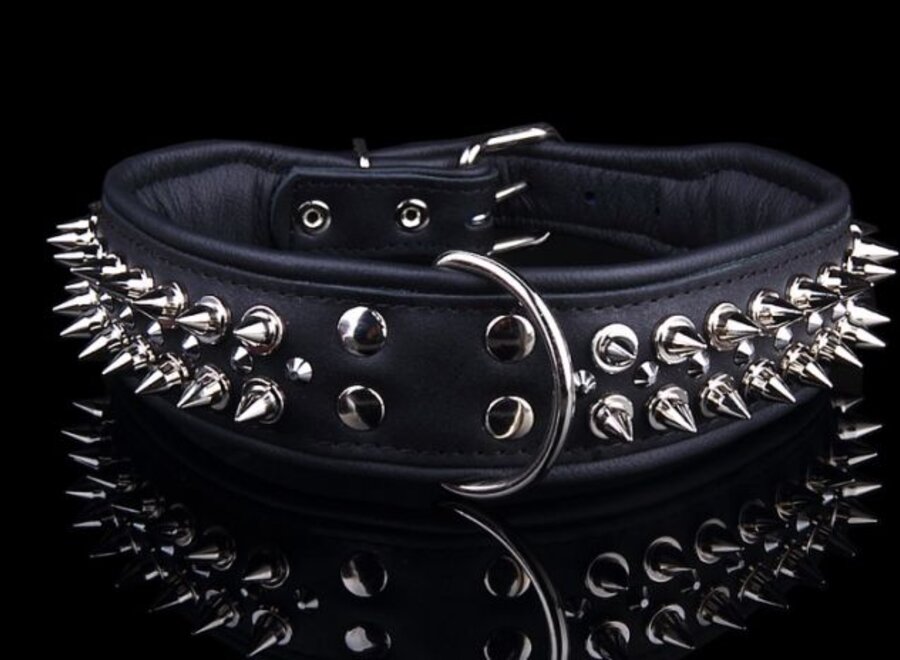 Leren halsband - met spikes - Zwart - 51-60 cm x 50 mm