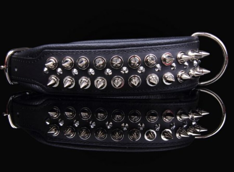 Leren halsband - met spikes - Zwart - 51-60 cm x 50 mm