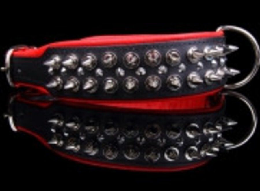 Leren halsband - met spikes - Zwart/Rood - 51-60 cm x 50 mm