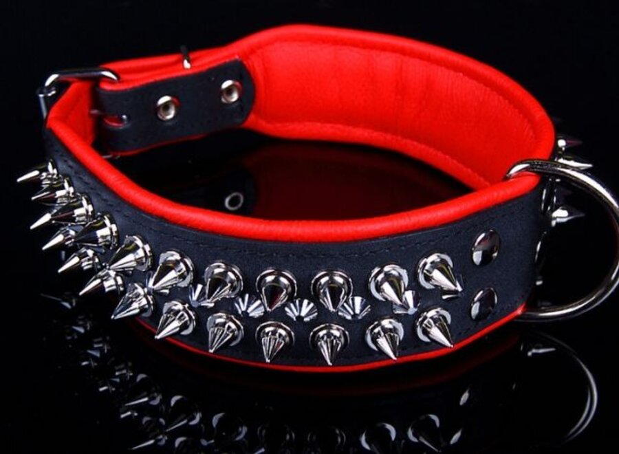 Leren halsband - met spikes - Zwart/Rood - 51-60 cm x 50 mm