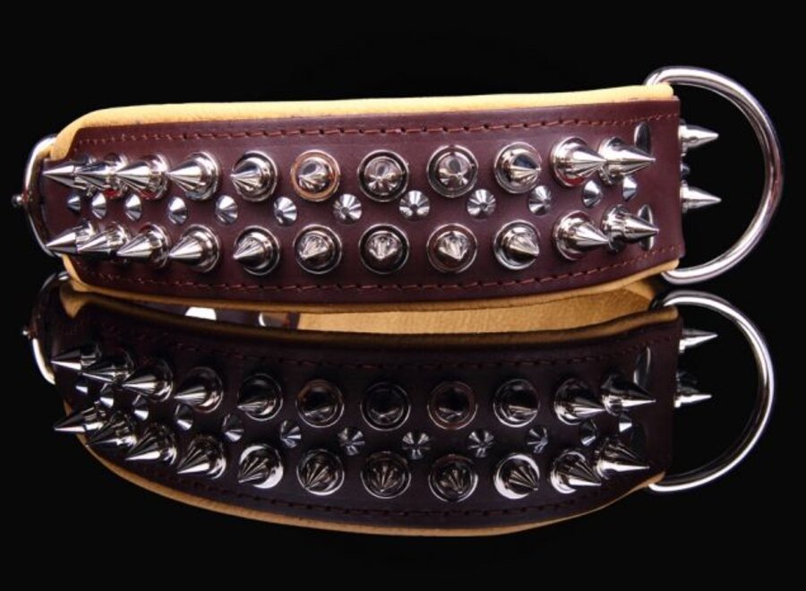 Leren halsband - met spikes - Bruin/Naturel - 51-60 cm x 50 mm