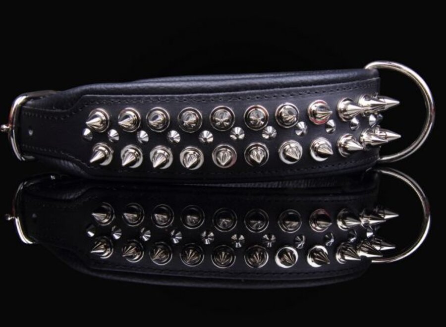 Leren halsband - met spikes - Zwart - 60-73 cm x 50 mm