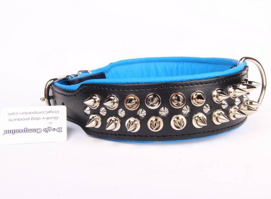 Leren halsband - met spikes - Zwart/Blauw - 60-73 cm x 50 mm