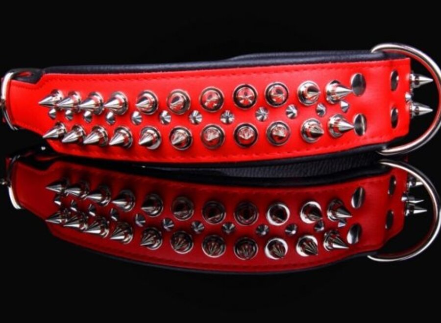 Leren halsband - met spikes - Rood/Zwart - 60-73 cm x 50 mm