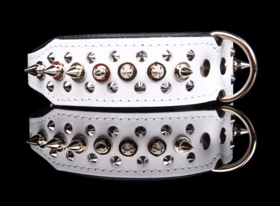 Leren halsband - met spikes - 32-41 cm x 40 mm - Wit/Zwart