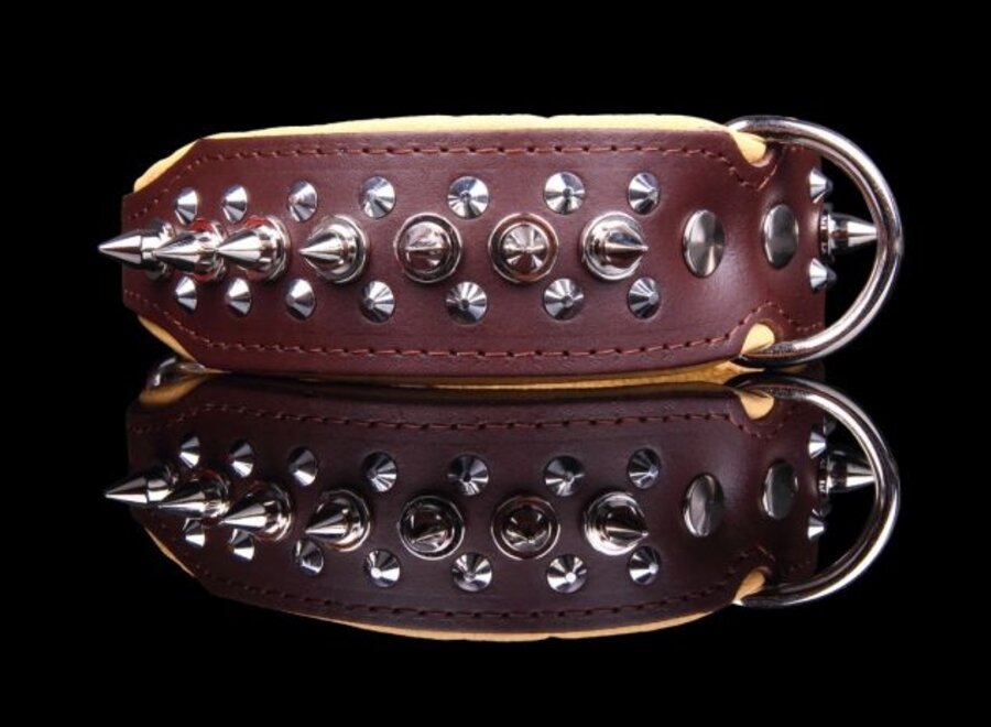 Leren halsband - met spikes - 32-41 cm x 40 mm - Bruin/Naturel