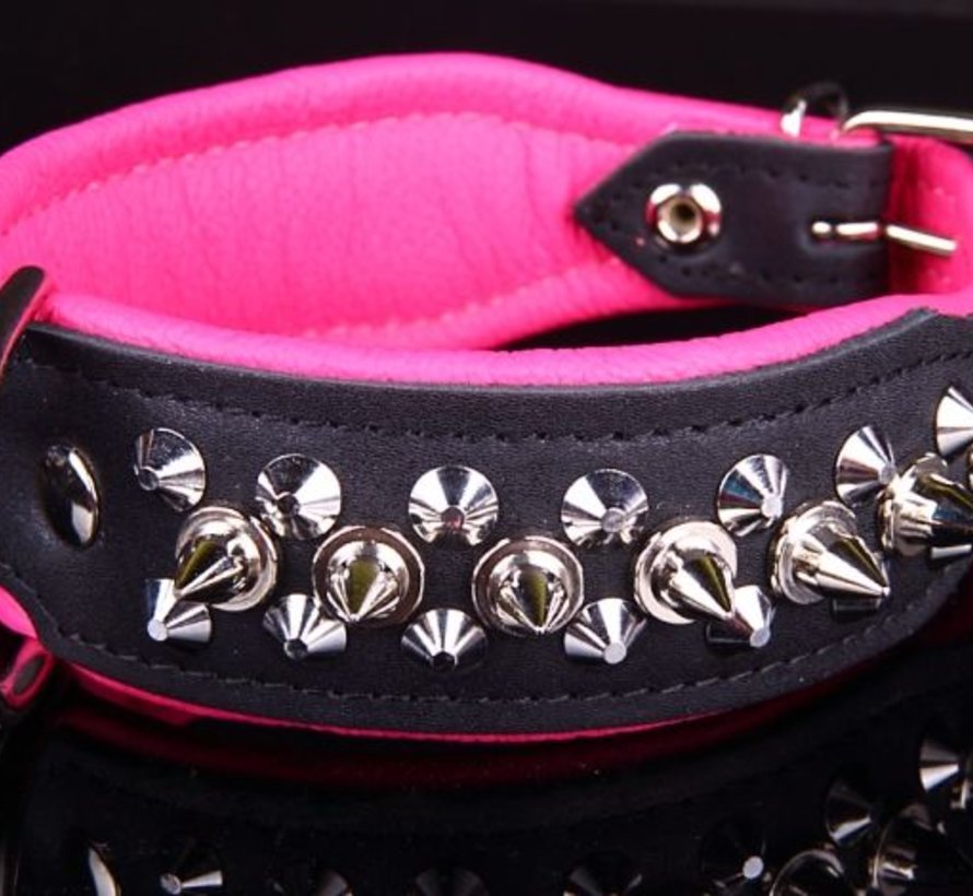Leren halsband - met spikes - 32-41 cm x 40 mm - Zwart/Roze