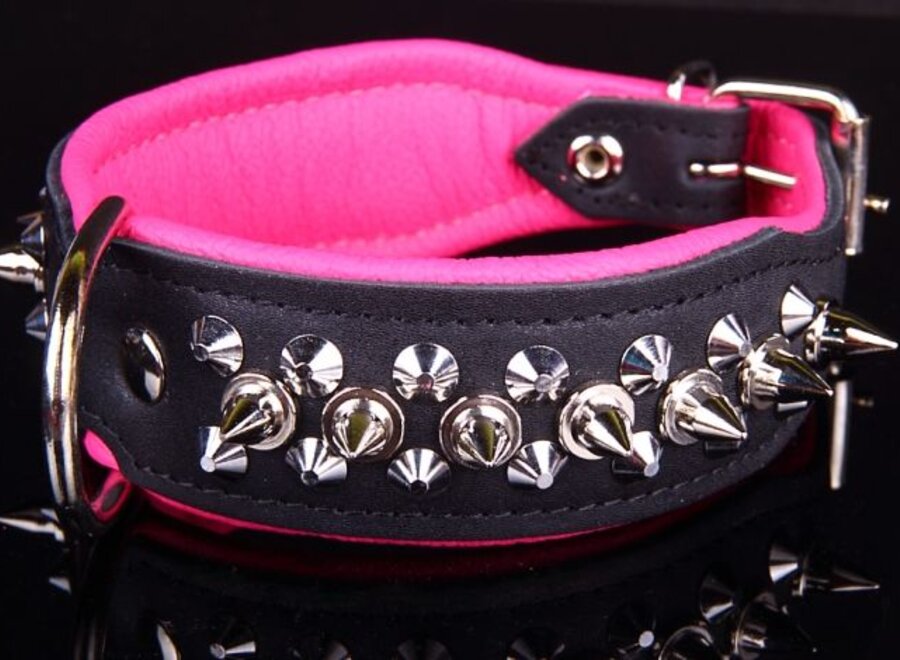 Leren halsband - met spikes - 32-41 cm x 40 mm - Zwart/Roze