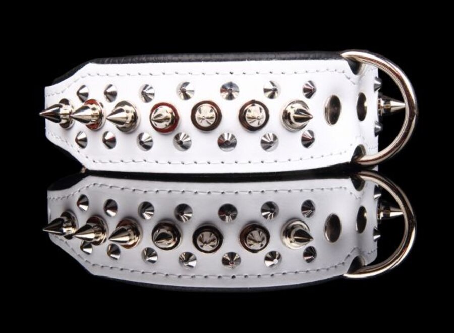 Leren halsband - met spikes - 40-47 cm x 40 mm - Wit/Zwart