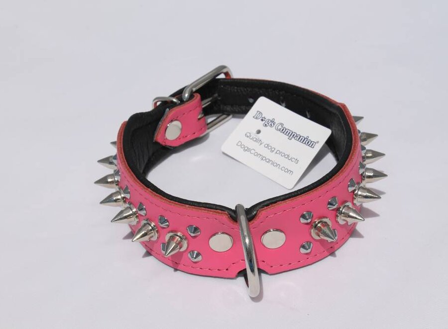 Leren halsband - met spikes - 32-41 cm x 40 mm - Roze/Zwart