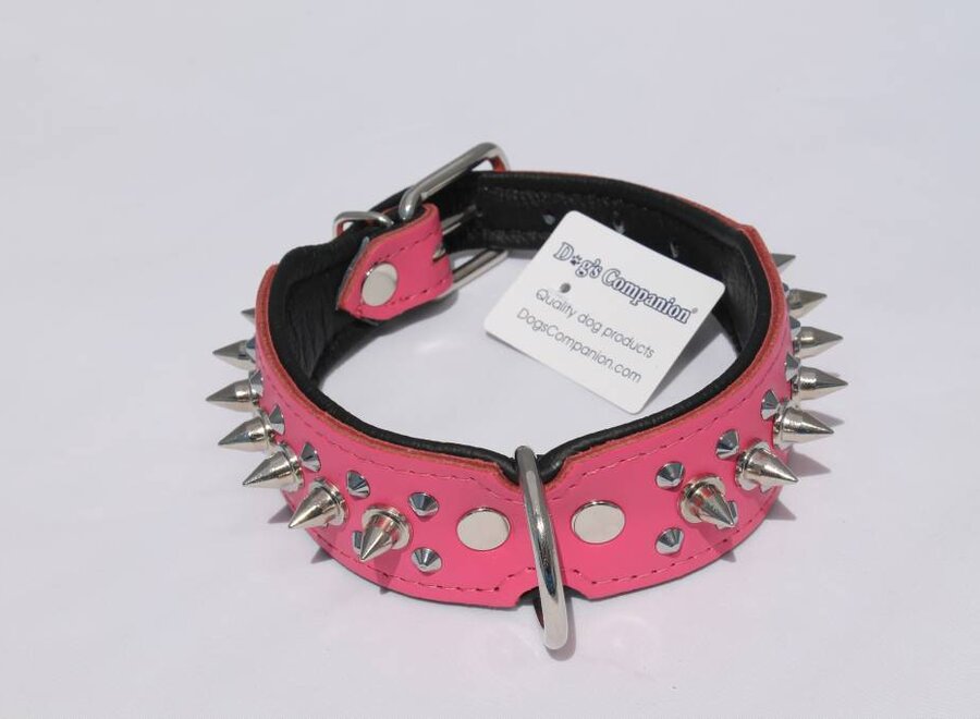 Leren halsband - met spikes - 40-47 cm x 40 mm - Roze/Zwart