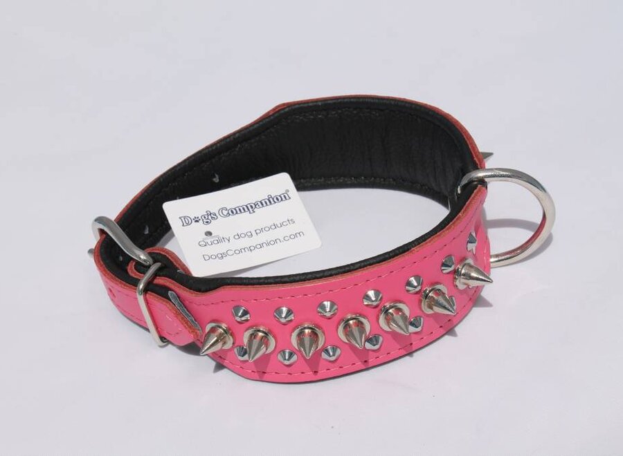 Leren halsband - met spikes - 40-47 cm x 40 mm - Roze/Zwart