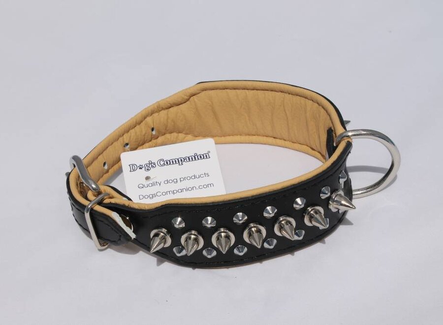 Leren halsband - met spikes - 32-41 cm x 40 mm - Zwart/Naturel