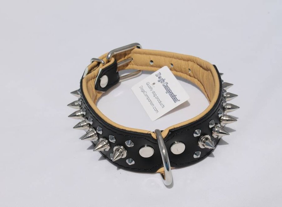 Leren halsband - met spikes - 32-41 cm x 40 mm - Zwart/Naturel