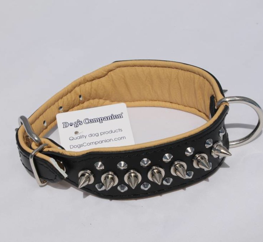 Leren halsband - met spikes - 40-47 cm x 40 mm - Zwart/Naturel