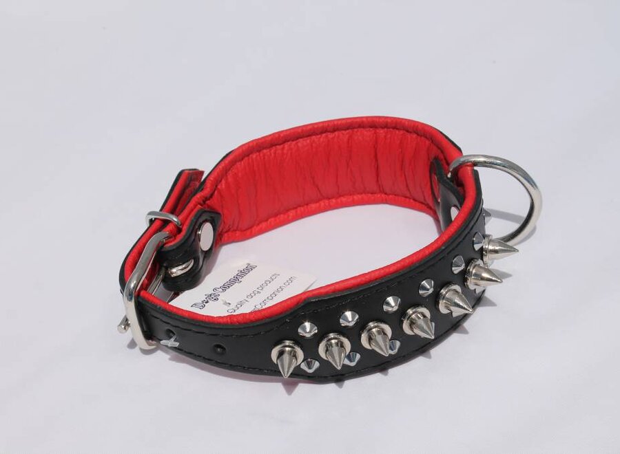 Leren halsband - met spikes - 32-41 cm x 40 mm - Zwart/Rood