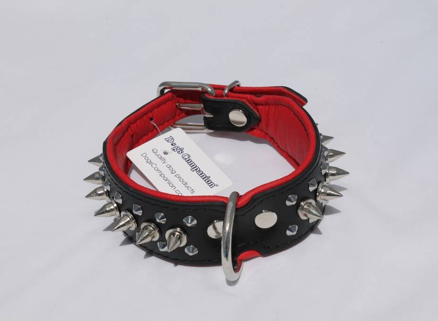 Leren halsband - met spikes - 32-41 cm x 40 mm - Zwart/Rood