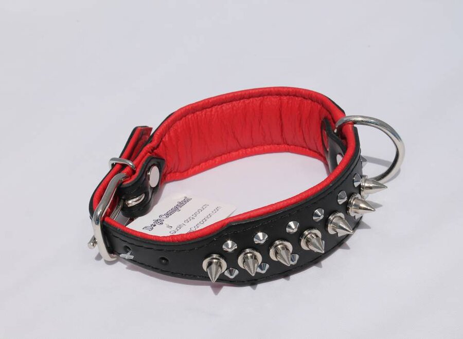 Leren halsband - met spikes - 40-47 cm x 40 mm - Zwart/Rood