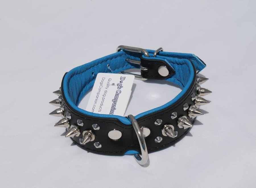 Leren halsband - met spikes - 32-41 cm x 40 mm - Zwart/Blauw