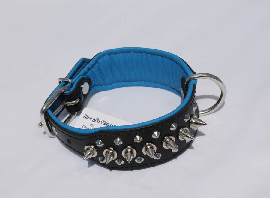 Leren halsband - met spikes - 32-41 cm x 40 mm - Zwart/Blauw