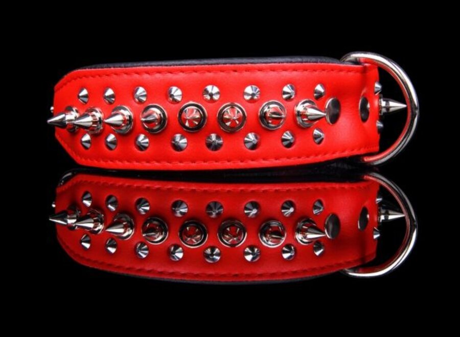 Leren halsband - met spikes - 45-53 cm x 40 mm - Rood/Zwart