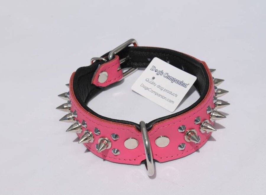 Leren halsband - met spikes - 45-53 cm x 40 mm - roze/zwart