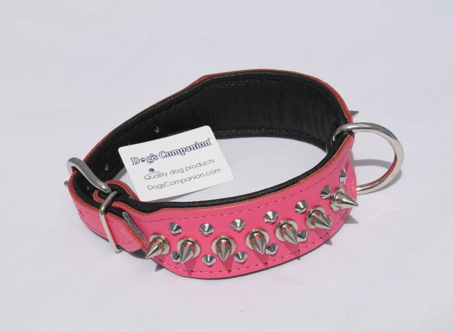 Leren halsband - met spikes - 45-53 cm x 40 mm - Roze/Zwart