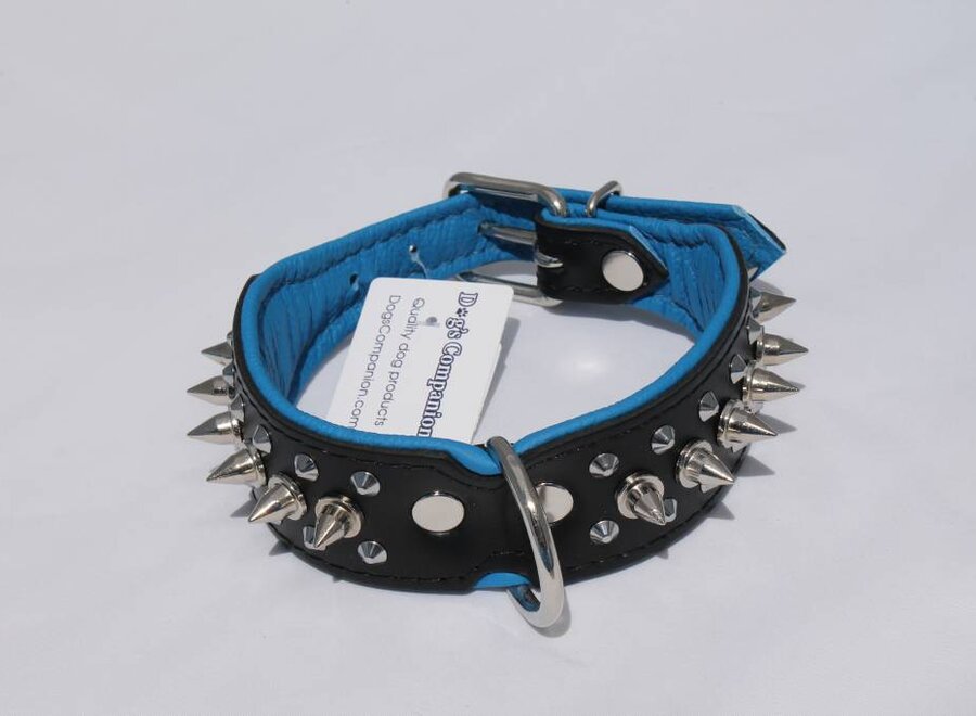 Leren halsband - met spikes - 45-53 cm x 40 mm - Zwart/Blauw