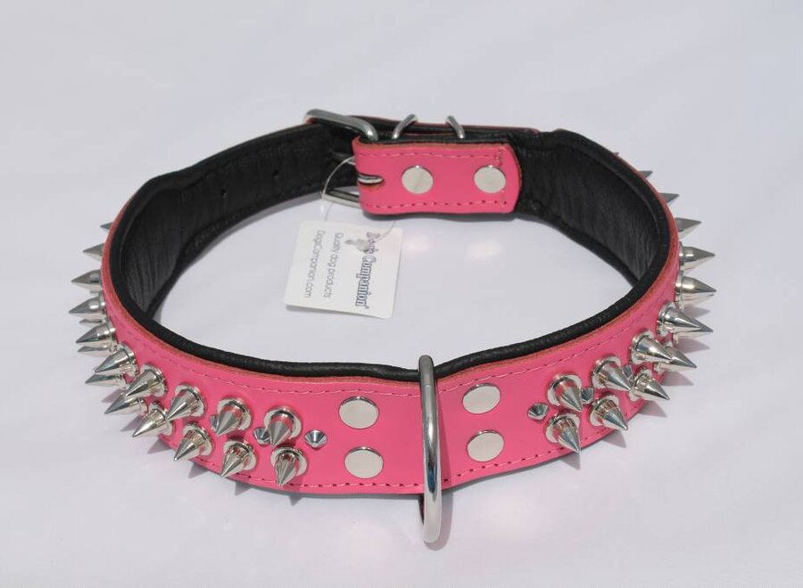 Leren halsband - met spikes - Roze/Zwart - 51-60 cm x 50 mm