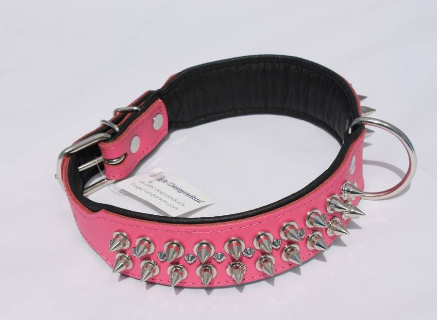 Leren halsband - met spikes - Roze/Zwart - 51-60 cm x 50 mm