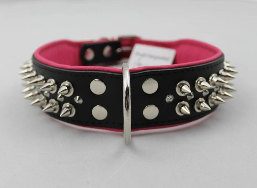 Leren halsband - met spikes - Zwart/Roze - 51-60 cm x 50 mm